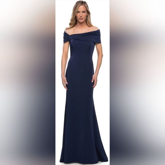 La Femme 29537 Fitted Off Shoulder Evening Dress NWOT Size 12 Navy Blue - Picture 1 of 5